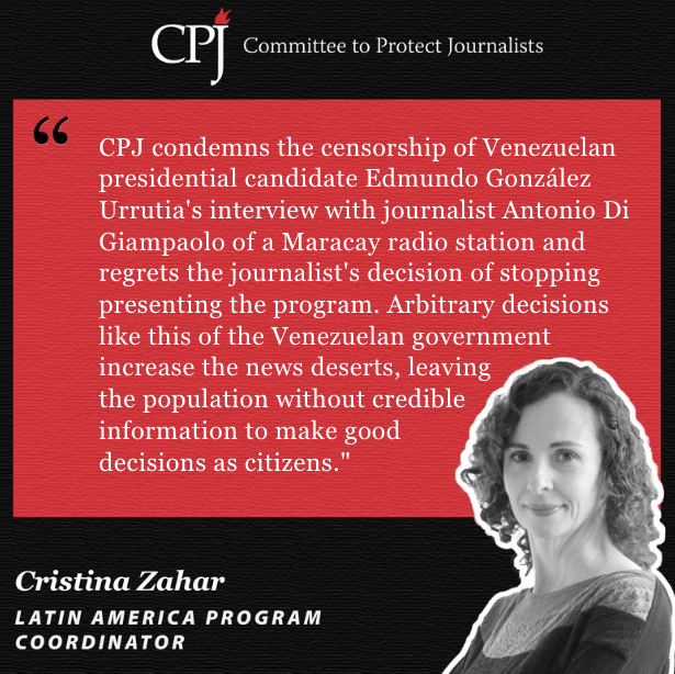 .@pressfreedom condemns the censorship of Venezuelan presidential candidate Edmundo González Urrutia's interview with journalist Antonio Di Giampaolo of a Maracay radio station and regrets the journalist's decision of stopping presenting the program. Arbitrary decisions like