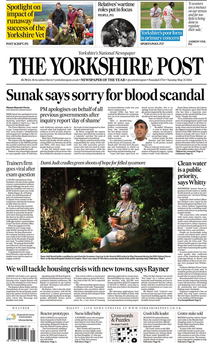 sgfmann's tweet photo. The Yorkshire Post: Sunak says sorry for blood scandal #TomorrowsPapersToday https://t.co/ZUUazFin5q