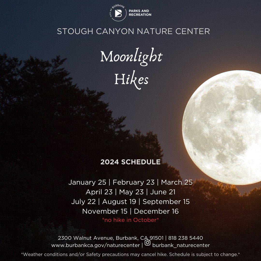 Join #BurbankParksandRecreation for their monthly Moonlight Hike at Stough Canyon Nature Center! The next hike is on May 23 and will continue every month till the end of the year (minus October)
 For more info, visit burbankca.gov/naturecenter. See you there!