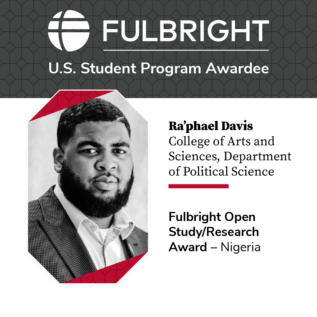 A PhD candidate in @osupolisci @ASCatOSU, @ChidiAnagonye6 was awarded a #Fulbright Open Study/Research award to Nigeria. Ra’phael Davis will conduct dissertation research on inter-organizational collaboration and peacebuilding. @FulbrightPrgrm oia.osu.edu/news/seven-gra…