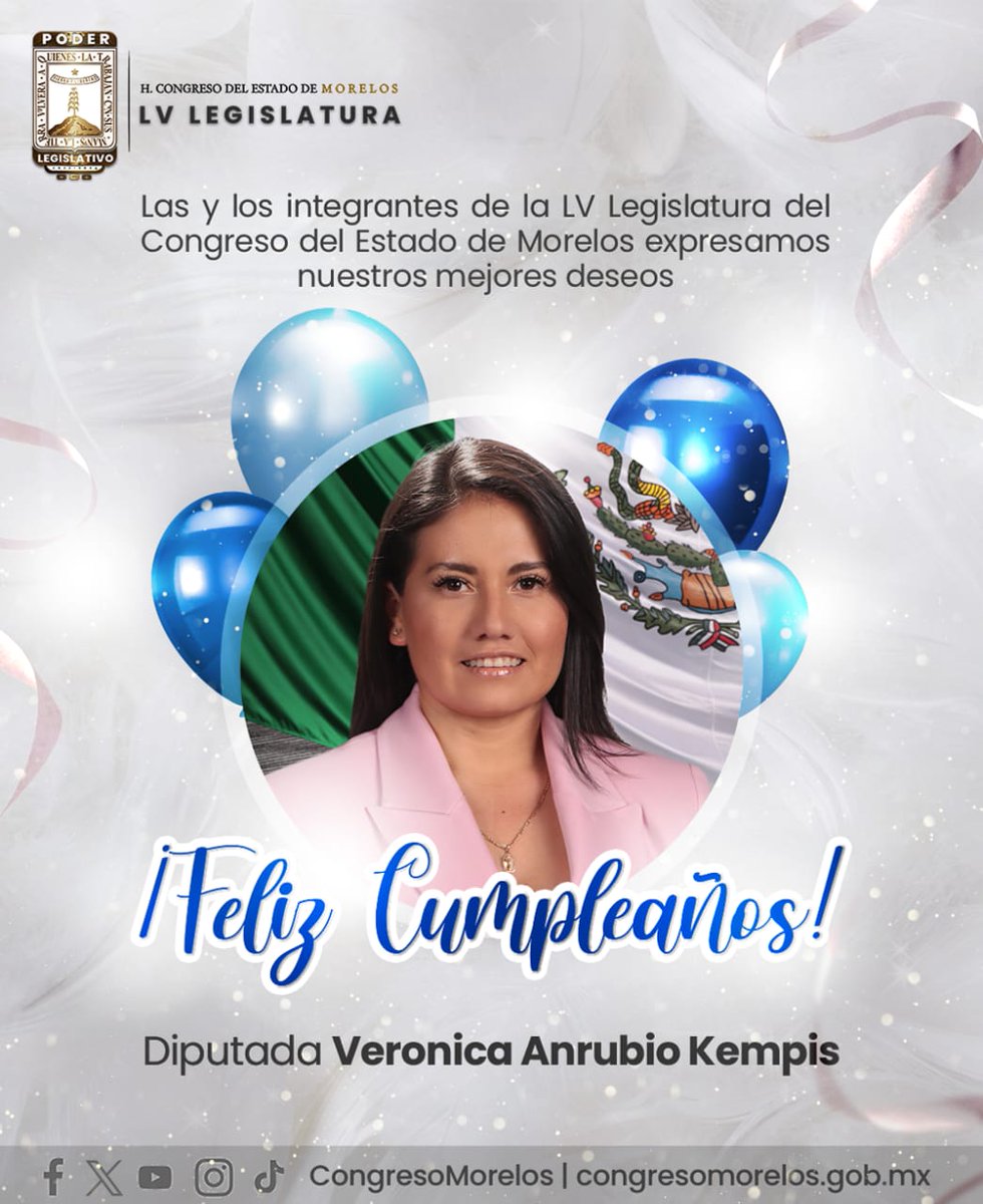 🎉🥳 ¡Feliz cumpleaños, diputada @AnrubioVero!🎈 Los integrantes de la #LVLegislatura del Estado de Morelos te deseamos muchos más éxitos y una excelente salud. ¡Que tu día esté lleno de alegría y celebración! 🎉✨