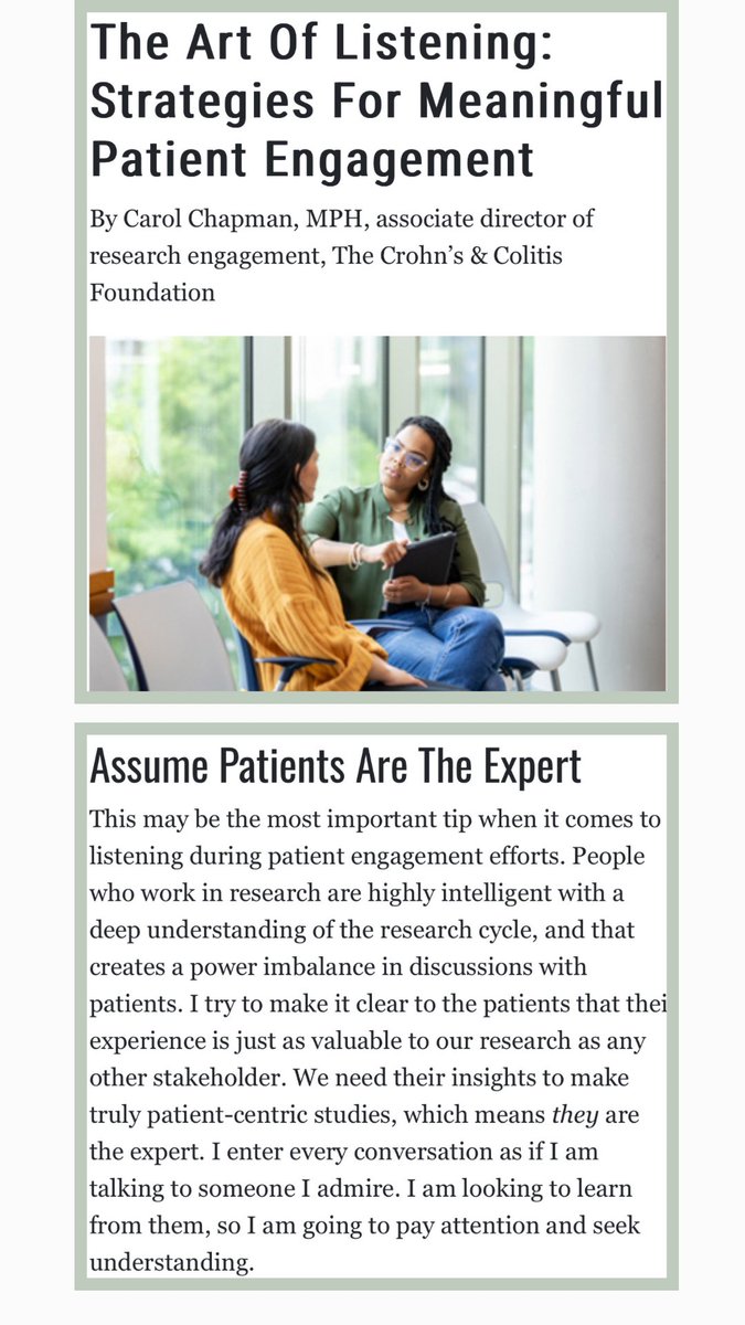 Amazing article by Carol Chapman of the @CrohnsColitisFn regarding strategies for meaningful #patient engagement! 

Assume #patients are the experts! 

Enough said 👊🏼 We ARE experts in #IBD - we live it every single day!

#IBDVisible #IBDAdvocate #IBDPatients #IBD #Crohns #UC