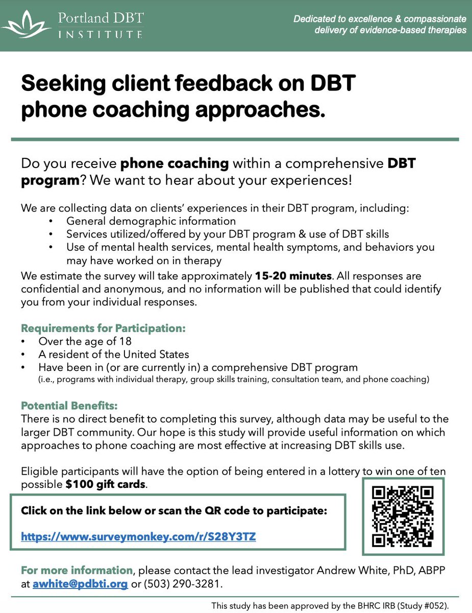 Current/Past DBT clients: DBT needs your help! 

<a href="/PortlandDBTI/">Portland DBT Institute</a> is doing important research on phone coaching, and they want feedback from real DBT clients. If you want to participate (or read more about the study), check out the survey here: surveymonkey.com/r/S28Y3TZ