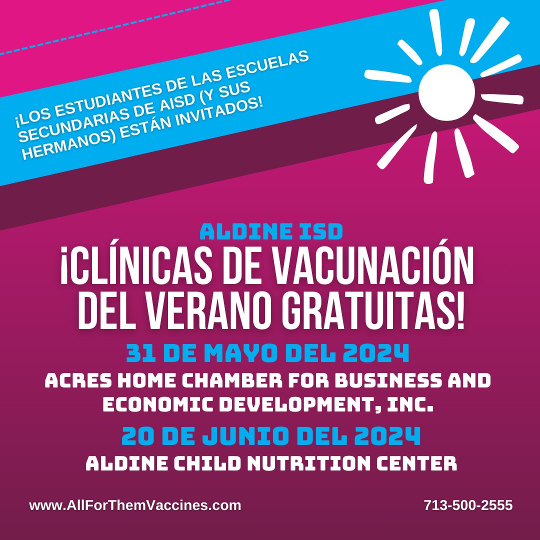 RECORDATORIO: Organizaremos dos clínicas de vacunación de verano GRATUITAS para estudiantes elegibles de las escuelas secundarias de @AldineISD y sus hermanos. Llame al 713-500-2555 de lunes a viernes entre las 8 a.m. y las 4 p.m. y presione 5 para reservar su lugar.