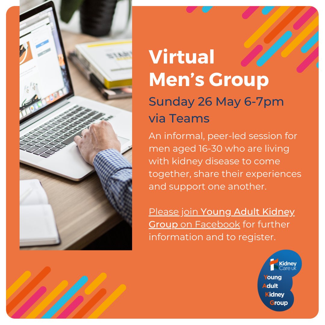 If you’re a young man living with kidney disease then we’d like to invite you to join our new Virtual Men’s Group. This is an opportunity for you to meet &amp; chat with others going through similar experiences in a supportive, peer-led environment. Join us on FB for further info! 💻