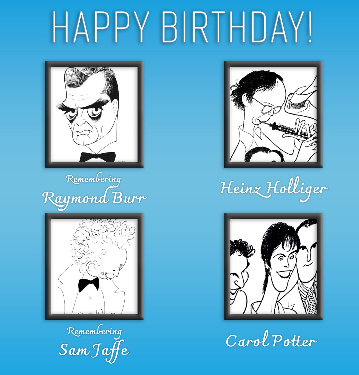 AlHirschfeld's tweet photo. Today in Hirschfeld Birthdays:

Raymond Burr, Heinz Holliger, Sam Jaffe, and Carol Potter!

View full works at https://t.co/21u2rb1SZS

#Hirschfeld #Birthdays #Art #CarolPotter #RaymondBurr #HeinzHolliger #SamJaffe #Film #Music #TV #Theater https://t.co/ODxa1VhzDv