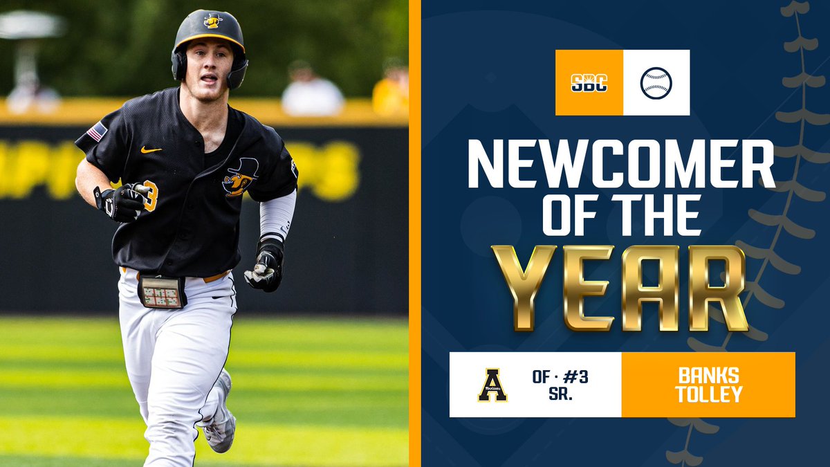 SunBelt's tweet photo. 𝗡𝗘𝗪𝗖𝗢𝗠𝗘𝗥 𝗢𝗙 𝗧𝗛𝗘 𝗬𝗘𝗔𝗥.

@AppBaseball senior outfielder @BanksTolley2 is the #SunBeltBSB Newcomer of the Year, after leading the conference with a .385 AVG, .798 SLG &amp; 25 home runs &amp; ranking second with 166 total bases &amp; 71 RBIs. ☀️⚾️ 

📰 » https://t.co/4vQTRUDrzr https://t.co/9Ivz7Fa31p