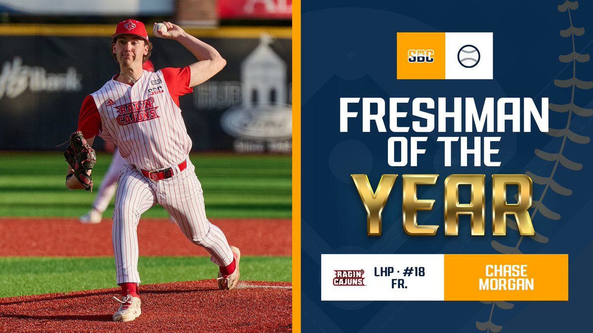 𝗙𝗥𝗘𝗦𝗛𝗠𝗔𝗡 𝗢𝗙 𝗧𝗛𝗘 𝗬𝗘𝗔𝗥. @RaginCajunsBSB freshman left-handed pitcher Chase Morgan is the #SunBeltBSB Freshman of the Year, after pacing the conference with a 2.76 ERA & ranking second with a .202 OBA, 48 hits & 25 runs allowed. ☀️⚾️ 📰 » sunbelt.me/4bpPQBk