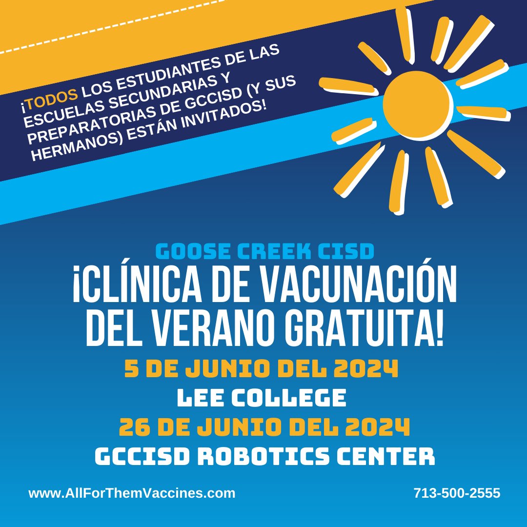 RECORDATORIO: Organizaremos dos clínicas de vacunación de verano GRATUITAS para estudiantes elegibles de las escuelas secundarias y preparatorias de @GCCISD y sus hermanos. Llame al 713-500-2555 de lunes a viernes entre las 8 a.m. y las 4 p.m. y presione 2 para reservar su lugar.