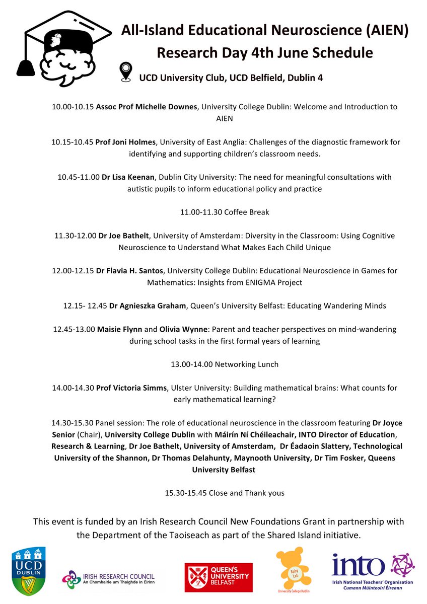 We are looking forward to welcoming lots of international speakers and experts in the field of Educational Neuroscience to our Research Day on 4th June! Free tickets can be reserved here: …uroscience-Research-Day.eventbrite.ie