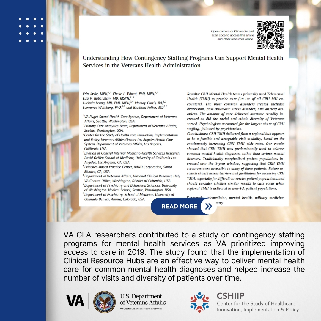 VA GLA researchers contributed to a study on contingency staffing programs for mental health services as VA prioritized improving access to care in 2019. 

pubmed.ncbi.nlm.nih.gov/38563753

#VAResearch #Veterans #VAResearch_LA #VA_CSHIIP #mentalhealth #telehealth