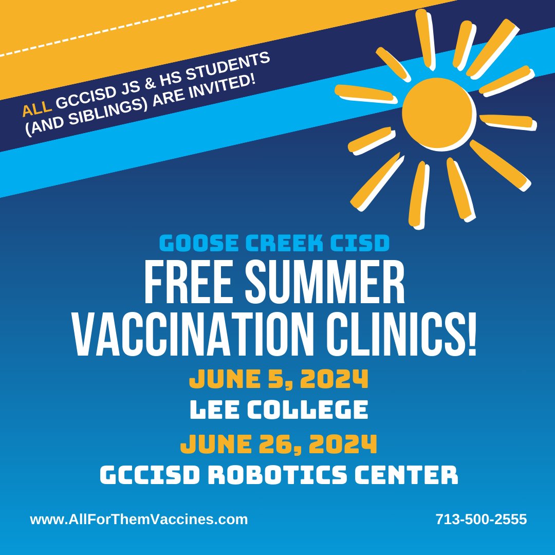 REMINDER: We will be hosting two FREE summer vaccination clinics for eligible @GCCISD junior and high school students and their siblings! Call 713-500-2555 Monday through Friday between 8 a.m. and 4 p.m. and press 2 to reserve your spot. #AllForThem #GetAllTheVaccines