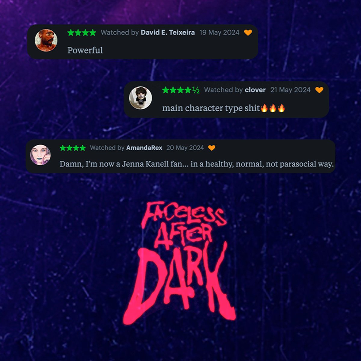 82% on @rottentomatoes and some passionate reactions on @letterboxd from this weekend! Watch #FacelessAfterDark today and see what the hype is all about.

#moviereviews #letterboxd #rottentomatoes #letterboxdreviews #WatchNow @squidthusiast