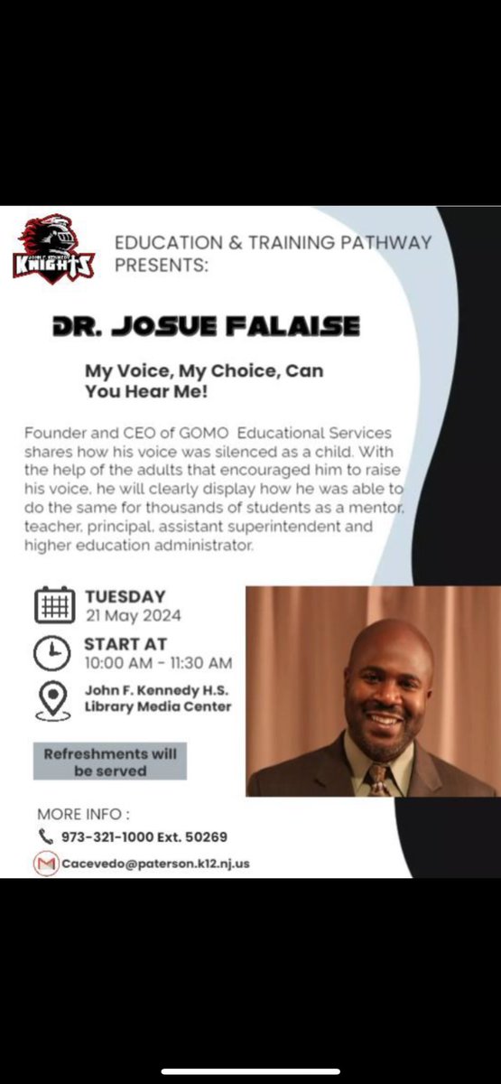 The <a href="/GomoEdS/">GOMO Educational Services</a> family is really excited that our CEO, <a href="/josuefalaise/">Dr. Josue Falaise, PMP</a> will be presenting to the Paterson, NJ high school seniors tomorrow. Speaking to the future, today! Just the beginning! Wait and see! #WhyGOMO