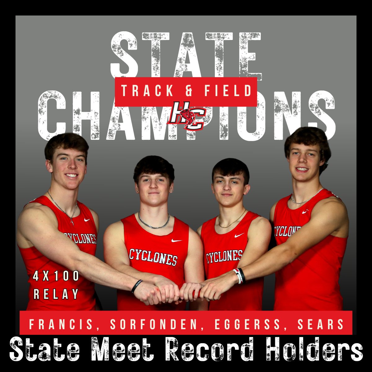 HCSDActivities's tweet photo. State Track Results:
4x100 🥇State Champs🥇 The 4x100 set the Meet Record &amp; recorded the 5th fastest all-time time (41.60) 
Francis, Sorfonden, Eggerss, Sears 

100 &amp; 200- Cade Sears - 3rd 
LJ- Brehden Eggerss - 6th 
10th overall as a team (out of 64) 

Great Season, Cyclones! 🌪️ https://t.co/0CUFbLNv6o