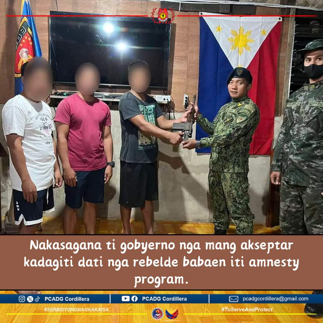 Ang pamahalaan ay handang tumulong sa mga dating miyembro ng CTG na sumuko at nagbalik-loob sa pamahalaan upang magsimula ng panibagong buhay kasama ang kanilang mga pamilya.

#BagongPilipinas
#ToServeandProtect
#PCADGCordillera