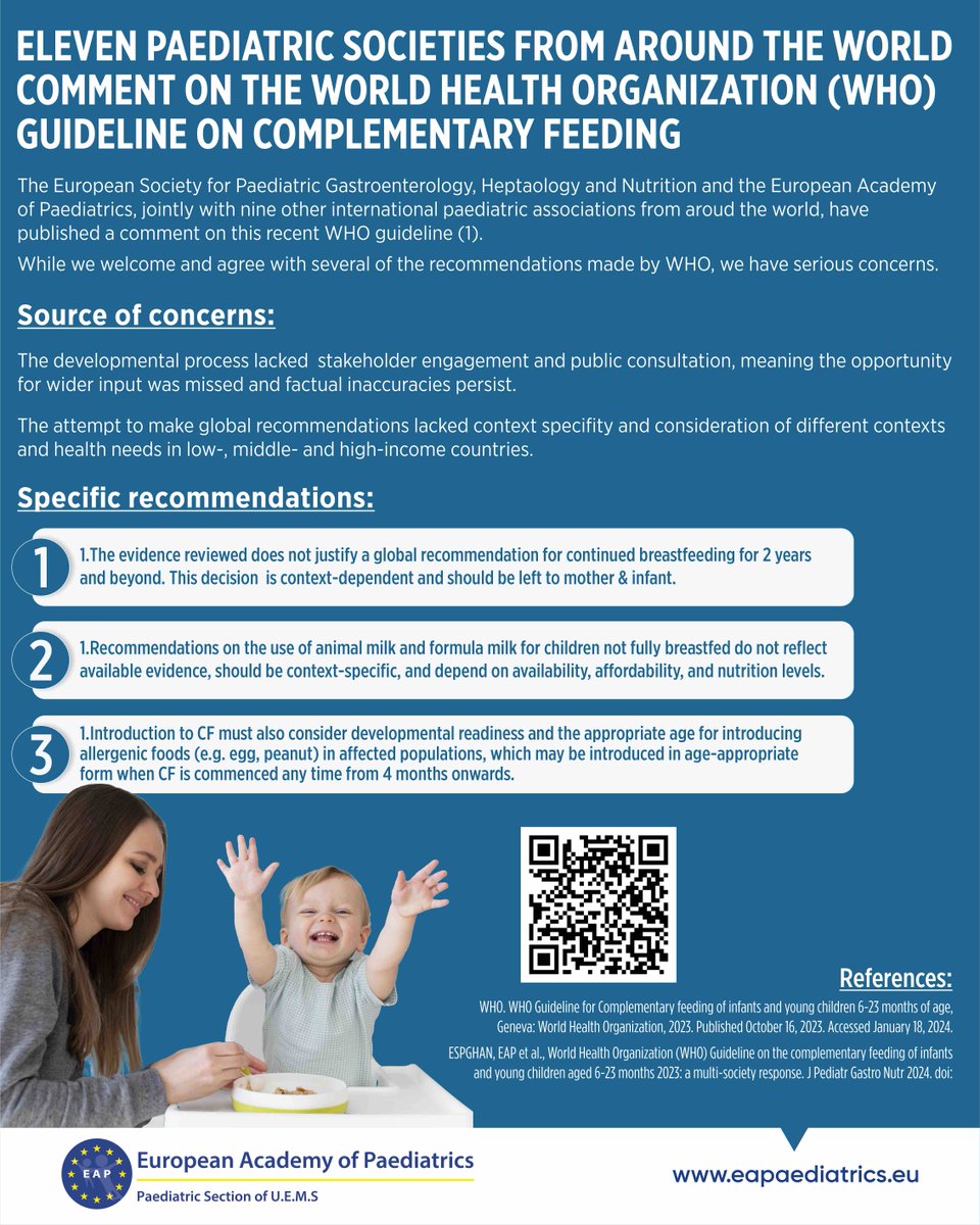 The European Society for Paediatric Gastroenterology, Heptaology and Nutrition and the European Academy of Paediatrics, jointly with nine other paediatric associations from aroud the world, have published a comment on this recent WHO guideline. ow.ly/QN4350RNYWR