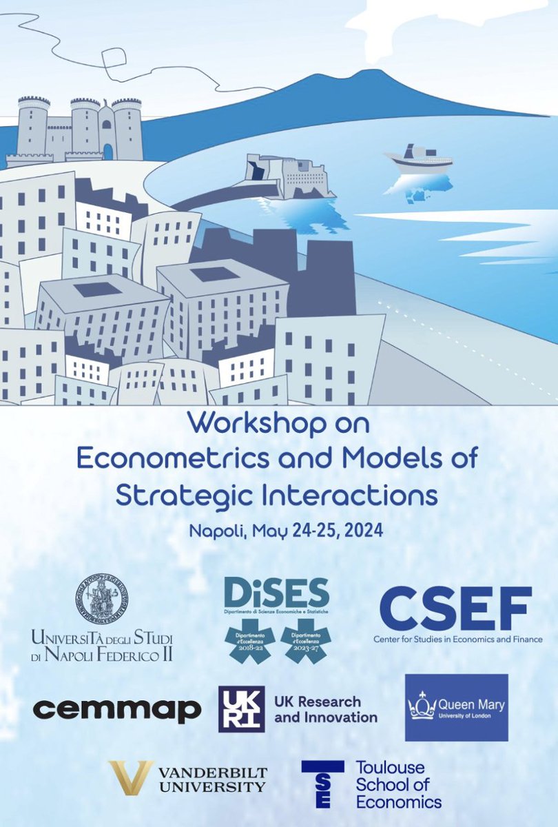 CSEF (@csef_unina) on Twitter photo We are thrilled to host the Workshop on Econometrics & Models of Strategic Interactions in Naples this week!
Check out the final program and our fantastic line-up of speakers 👉 csef.it/Event/workshop…
@DiSES <a href="/UninaIT/">Unina Federico II</a> <a href="/csef_unina/">CSEF</a> <a href="/cemmap/">Cemmap</a> <a href="/UKRI_News/">UK Research and Innovation</a> <a href="/QMUL/">Queen Mary University of London</a> <a href="/VanderbiltU/">Vanderbilt University</a> <a href="/TSEinfo/">TSE</a> We are thrilled to host the Workshop on Econometrics & Models of Strategic Interactions in Naples this week!
Check out the final program and our fantastic line-up of speakers 👉 csef.it/Event/workshop…
@DiSES <a href="/UninaIT/">Unina Federico II</a> <a href="/csef_unina/">CSEF</a> <a href="/cemmap/">Cemmap</a> <a href="/UKRI_News/">UK Research and Innovation</a> <a href="/QMUL/">Queen Mary University of London</a> <a href="/VanderbiltU/">Vanderbilt University</a> <a href="/TSEinfo/">TSE</a>