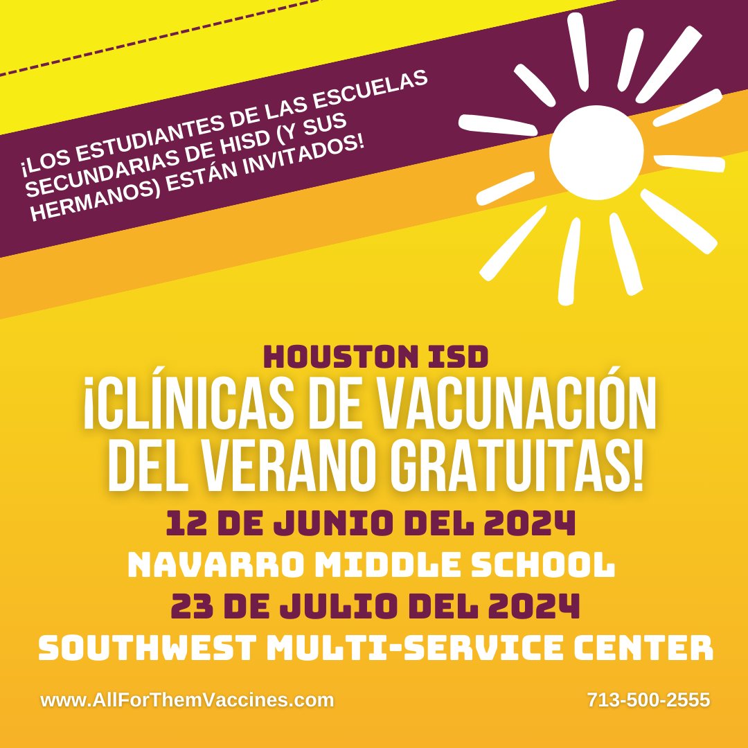 RECORDATORIO: Organizaremos dos clínicas de vacunación de verano GRATUITAS para estudiantes elegibles de las escuelas secundarias de @HoustonISD y sus hermanos. Llame al 713-500-2555 de lunes a viernes entre las 8 a.m. y las 4 p.m. y presione 1 para reservar su lugar.