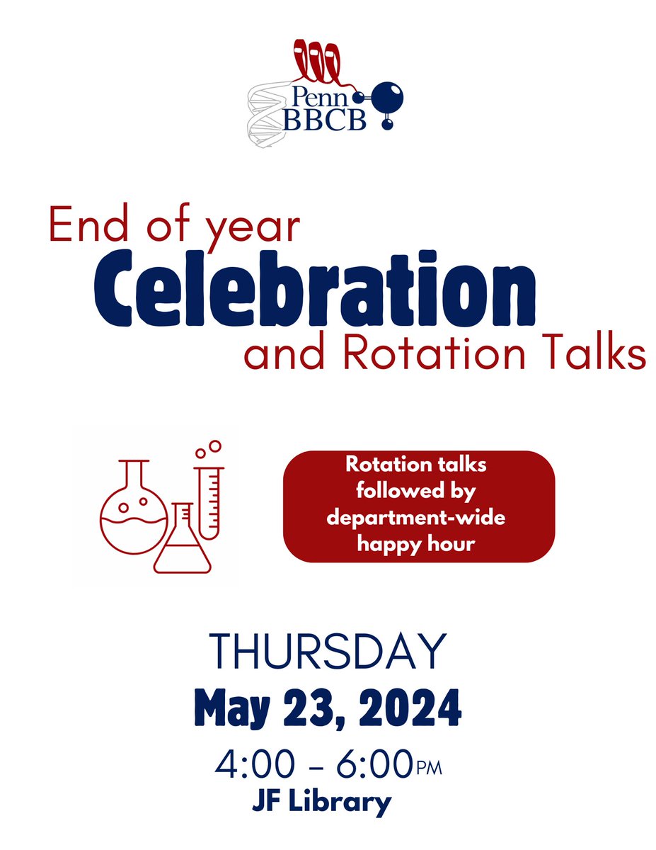 UPenn Dept of Biochem & Biophys (@bb_upenn) on Twitter photo Join us this Thursday at 4:00pm to hear from our <a href="/BMBGGUPENN/">BBCB Graduate Group</a> rotation students and celebrate the end of the academic year! Join us this Thursday at 4:00pm to hear from our <a href="/BMBGGUPENN/">BBCB Graduate Group</a> rotation students and celebrate the end of the academic year!
