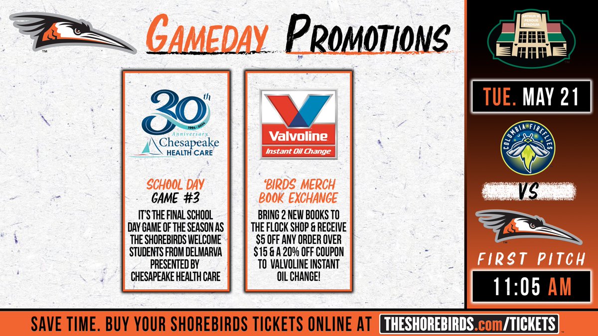 The Shorebirds are home TODAY as it's the final School Day Game of the season presented by @chesapeakehc with an 11:05 AM first pitch! Check out the promotions and buy YOUR tickets 👇 Buy Tickets 👉 bit.ly/3HXnktz #FlyTogether | #Birdland