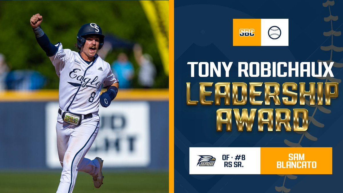 𝗧𝗢𝗡𝗬 𝗥𝗢𝗕𝗜𝗖𝗛𝗔𝗨𝗫 𝗟𝗘𝗔𝗗𝗘𝗥𝗦𝗛𝗜𝗣 𝗔𝗪𝗔𝗥𝗗.

<a href="/GSAthletics_BSB/">Georgia Southern Baseball</a> redshirt senior outfielder <a href="/BlancatoSam/">Sam Blancato</a> is the recipient of the #SunBeltBSB Tony Robichaux Leadership Award, named in honor of the late <a href="/RaginCajunsBSB/">Louisiana Ragin’ Cajuns® Baseball</a> head coach. ☀️⚾️ 

📰 » sunbelt.me/4bpPQBk