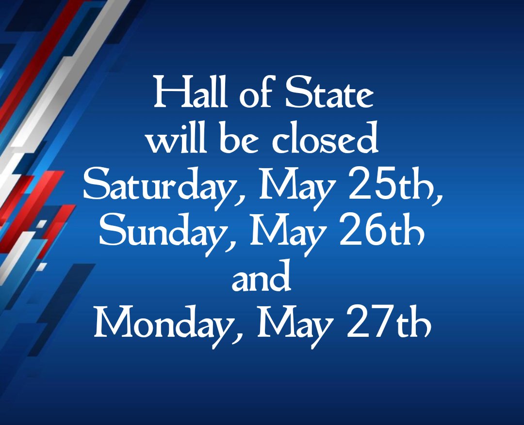 The Hall of State will be closed from Saturday, May 25 - Monday, May 27, 2024. We will reopen on Tuesday, May 28, 2024 at 10am. Please make plans to visit us then!

We apologize for any inconvenience these closures may cause.

#HallOfState <a href="/DHSHallofState/">Dallas History</a> <a href="/fairparkdallas/">Fair Park Dallas</a>