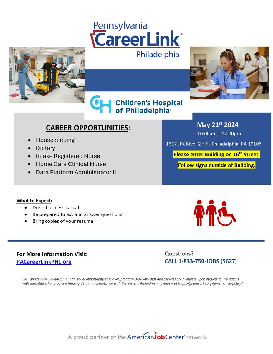 Don't miss the Children's Hospital of Philadelphia Job Fair tomorrow from 10 AM to 12 PM at 1617 JFK Blvd 2nd FL! Discover amazing career opportunities in healthcare. Please bring your resume. Your future starts here! #HealthcareJobs #JobFair #PhiladelphiaJobs #HealthcareCareers