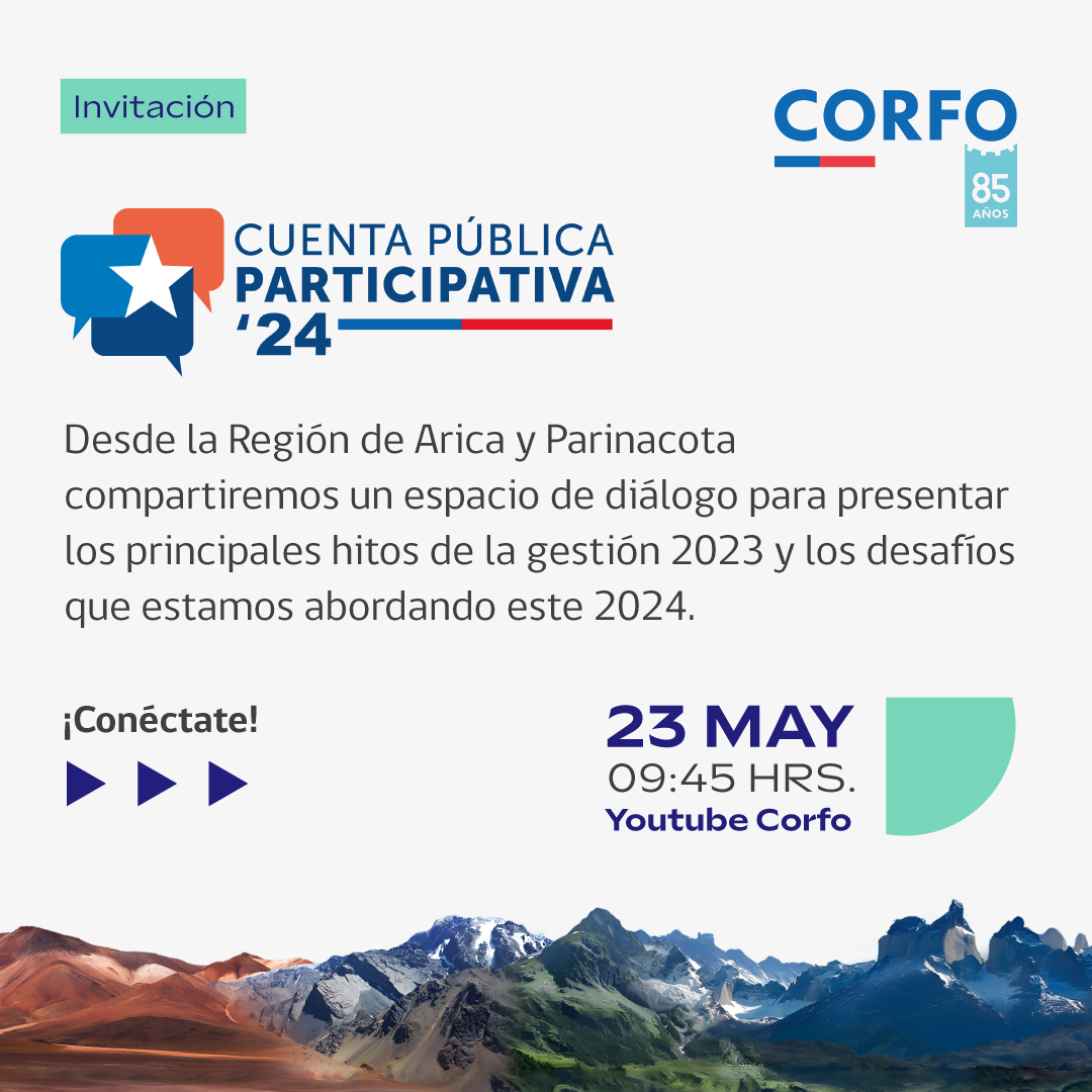 Este 23/05 realizaremos nuestra Cuenta Pública Participativa 2024 👥 Únete a la transmisión para dialogar y conocer el trabajo de #Corfo en el camino hacia la Transformación Productiva 👇

Nos vemos en youtube.com/@corfo/streams

#CuentaPúblicaCorfo