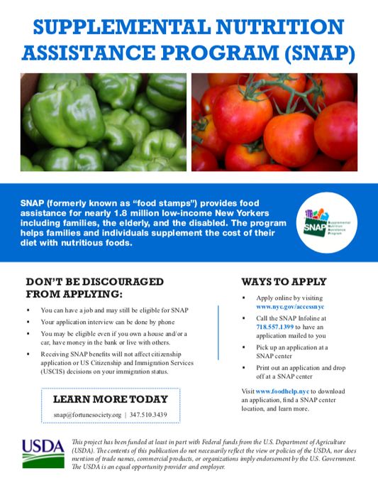 SNAP provides food assistance for low-income New Yorkers, supplementing the cost of their diet with healthy foods. Learn about #SNAP eligibility and how to apply in our flyers below, in English, Spanish and Mandarin. Click here to learn more: on.nyc.gov/3gtjkS9