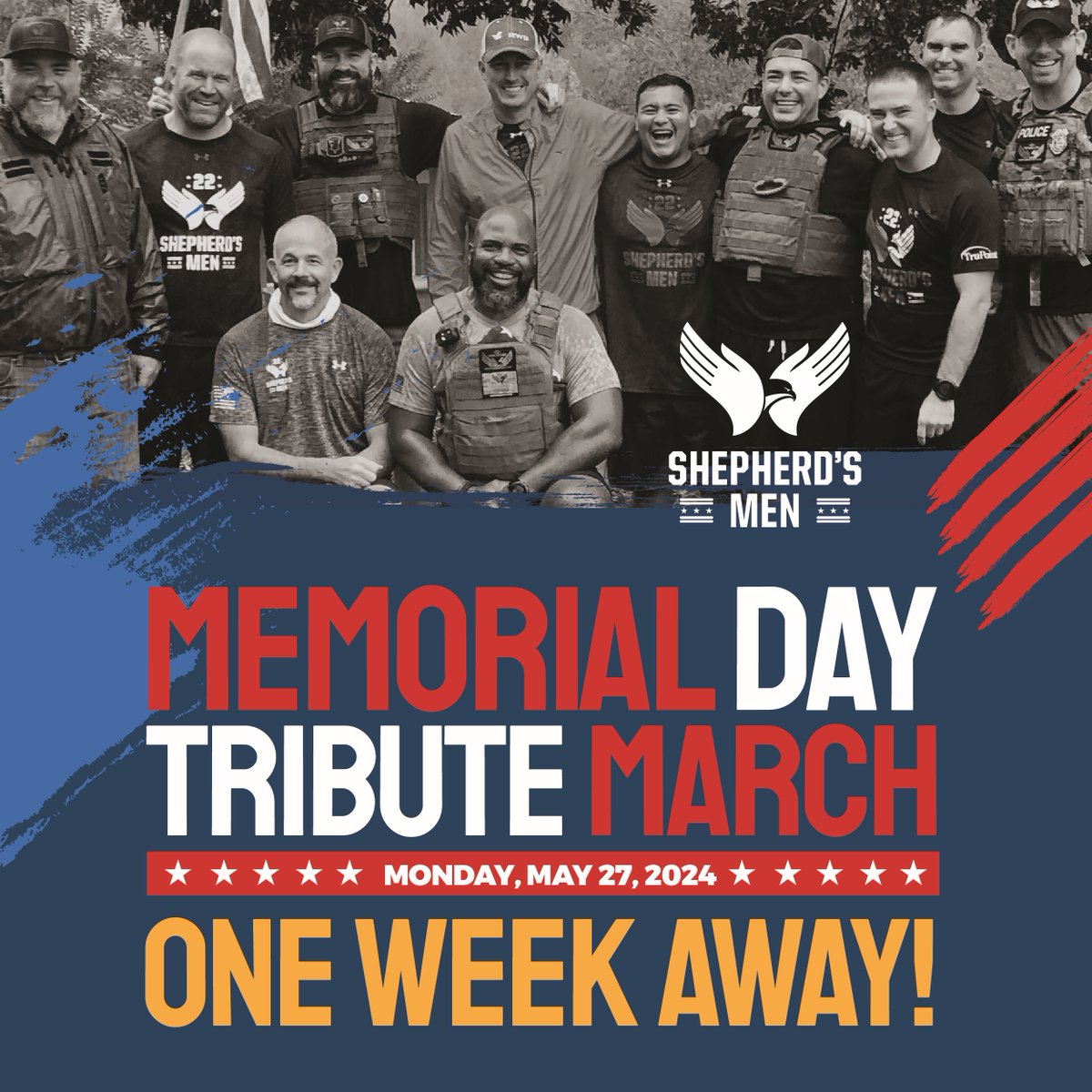 Only one week left until our Memorial Day Tribute March! 🇺🇲 🪖

Join us on May 27th as we stand in solidarity with our nation’s heroes!

For more details, visit bit.ly/3qThEJA 

#ShepherdsMen #ShepherdCenter #HonorOurVeterans #Veterans #MemorialDay