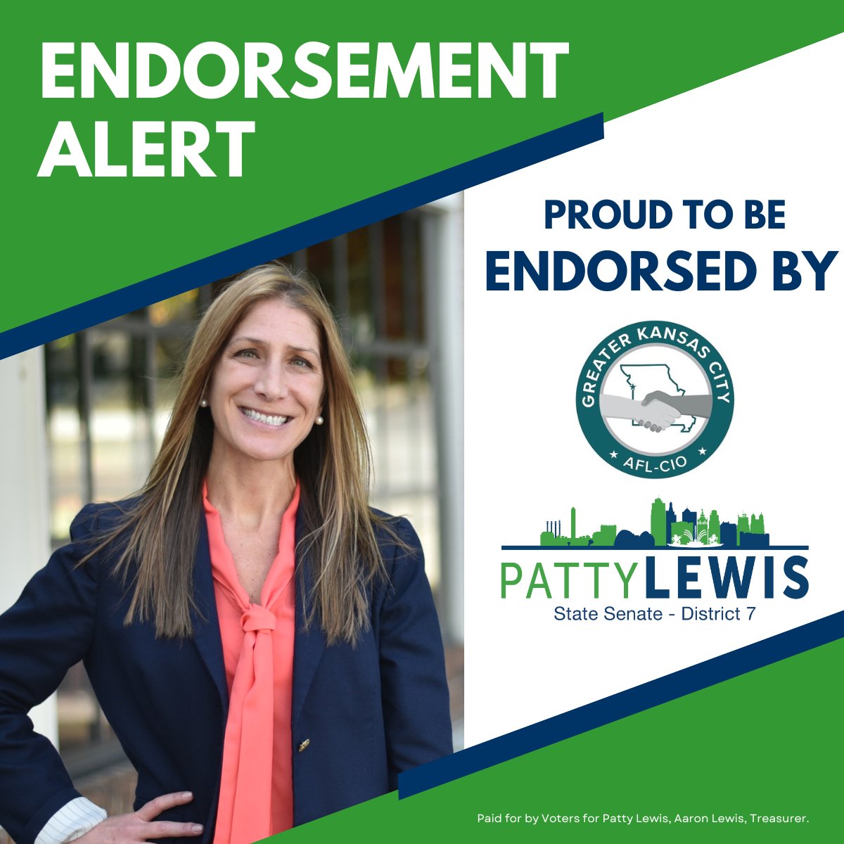 🚨🚨Endorsement Alert! I was raised in a union family & understand the importance of keeping our unions strong. I will continue to be a strong advocate for labor in the #MOSen. I am pleased to share that the campaign has been endorsed by the Greater KC AFL CIO! #MOLeg #Patty4MO