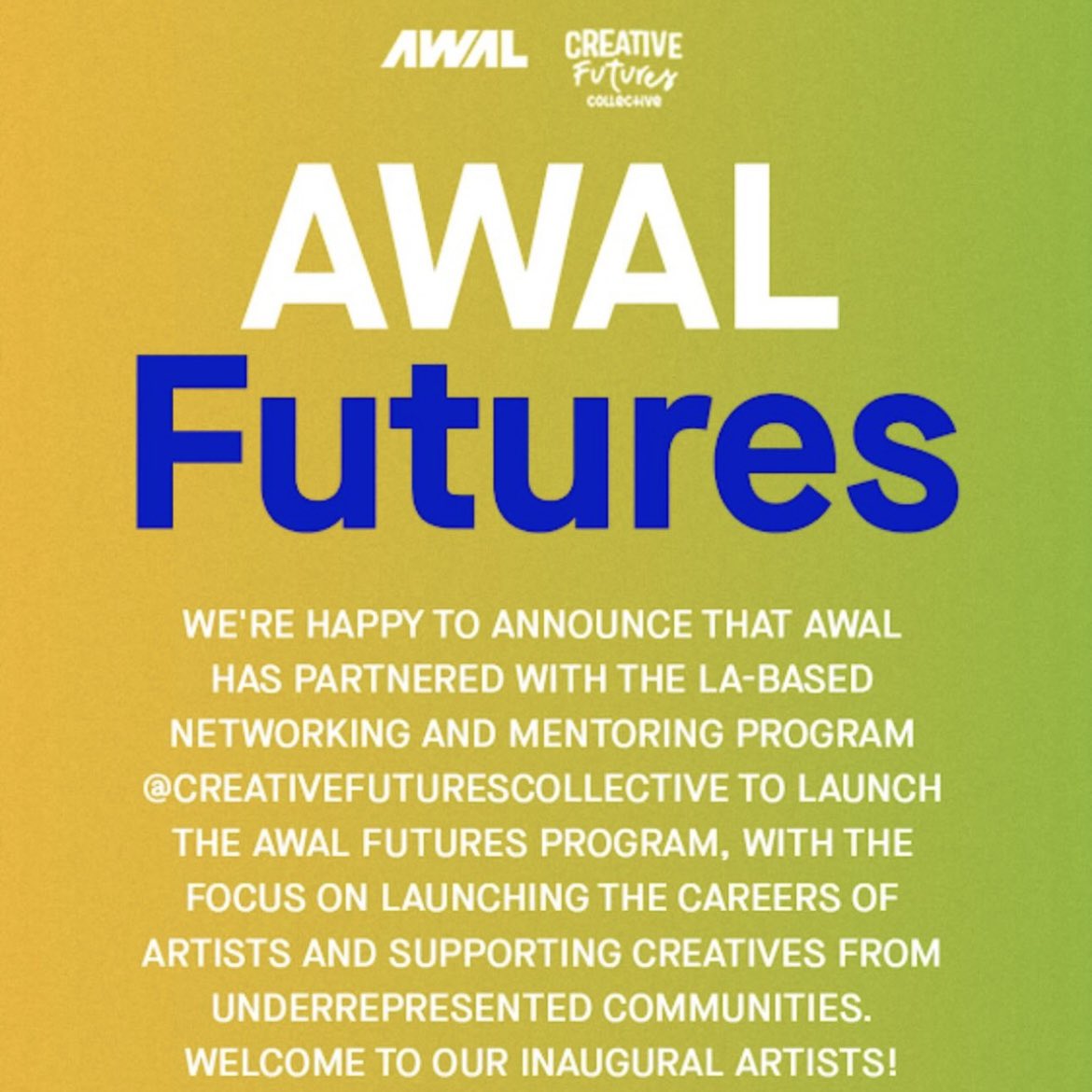 So excited for the next chapter with <a href="/AWAL/">AWAL</a> as a selected artist for their AWAL Futures program, a partnership between AWAL and Creative Futures Collective. New EP coming in August ★