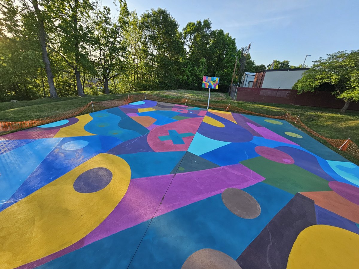 CityofHickory's tweet photo. A new mural by DeNeer Davis covers the basketball court at Miracle of Hickory Park. Community members are invited to join the Public Art Commission for mural dedication this Friday, May 24, at 5 p.m. at Hickory Music Factory. https://t.co/vcV29XEBjp https://t.co/2EOH7hqZQb