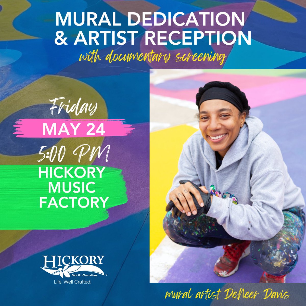 CityofHickory's tweet photo. A new mural by DeNeer Davis covers the basketball court at Miracle of Hickory Park. Community members are invited to join the Public Art Commission for mural dedication this Friday, May 24, at 5 p.m. at Hickory Music Factory. https://t.co/vcV29XEBjp https://t.co/2EOH7hqZQb
