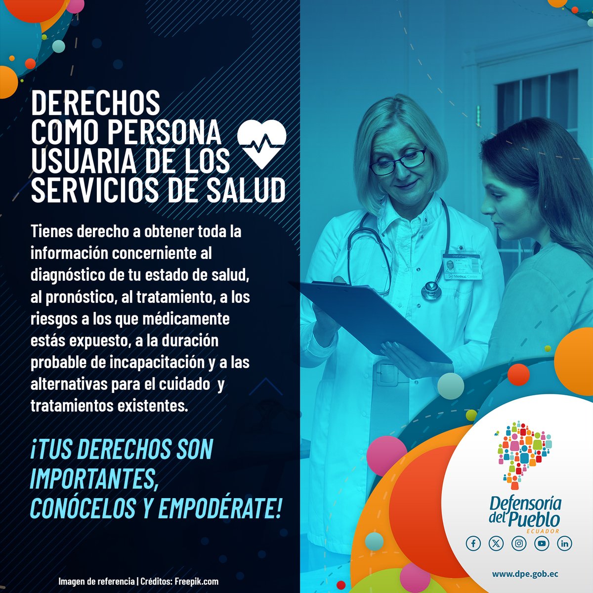 🏥 La #DefensoríaDelPueblo te recuerda tus derechos como persona usuaria de los servicios de salud. ¡Conoce y ejerce tus derechos!