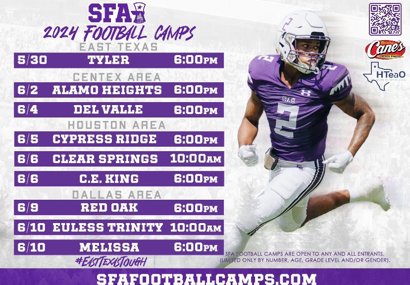 Summer Camps in Austin area.. June 4,2024 SFA football staff will be at Del Valle High School