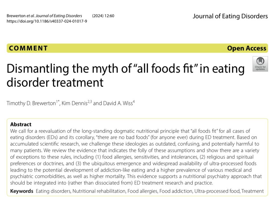 Pub Alert 🚨 Our paper “Dismantling the myth that ‘all foods fit’ in eating disorder treatment” is published open-access in the Journal of Eating Disorders. bit.ly/3ULs2Rn