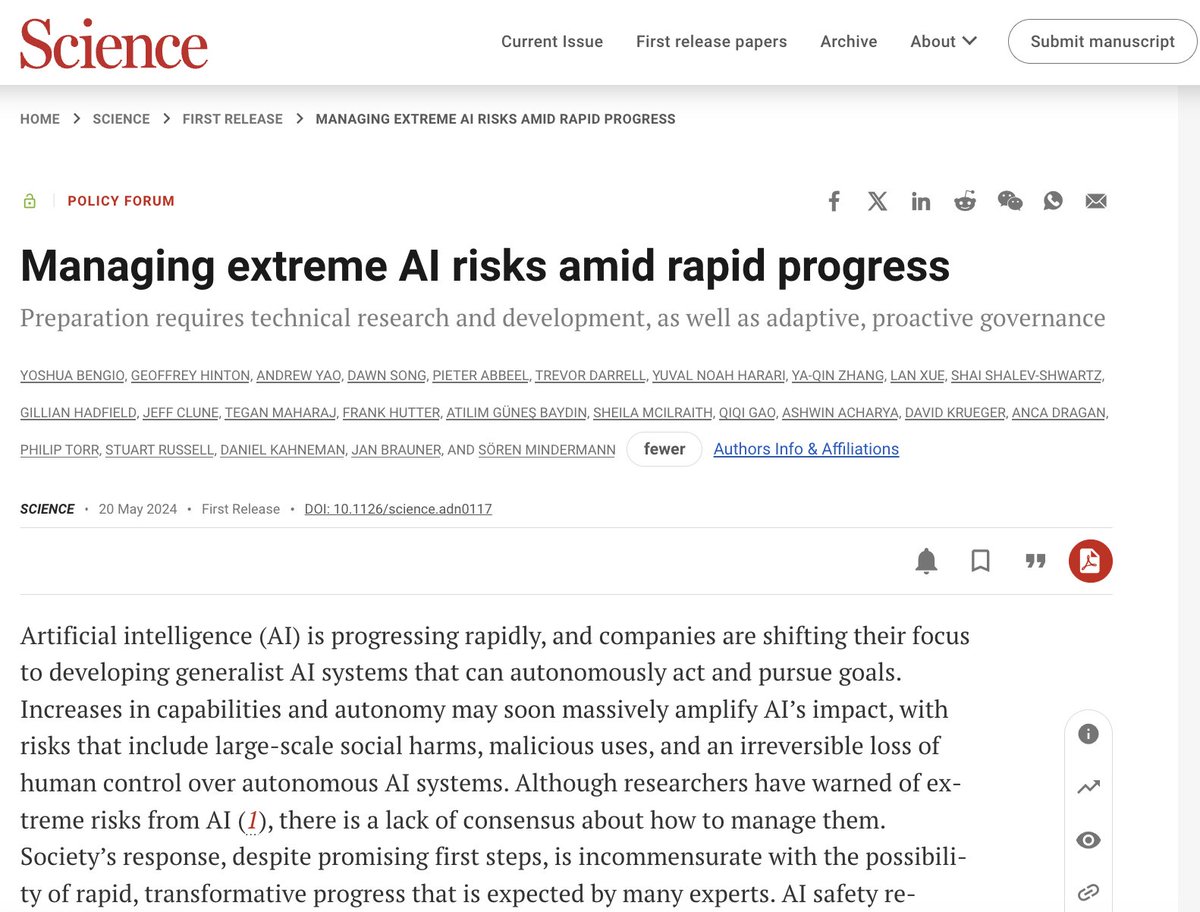 Our latest @ScienceMagazine urging greater R&D efforts in AI governance and safety--even if you think super-powerful systems are far off, think about how much research we need and how long it takes to build new societal consensus and legal infrastructure science.org/doi/10.1126/sc…