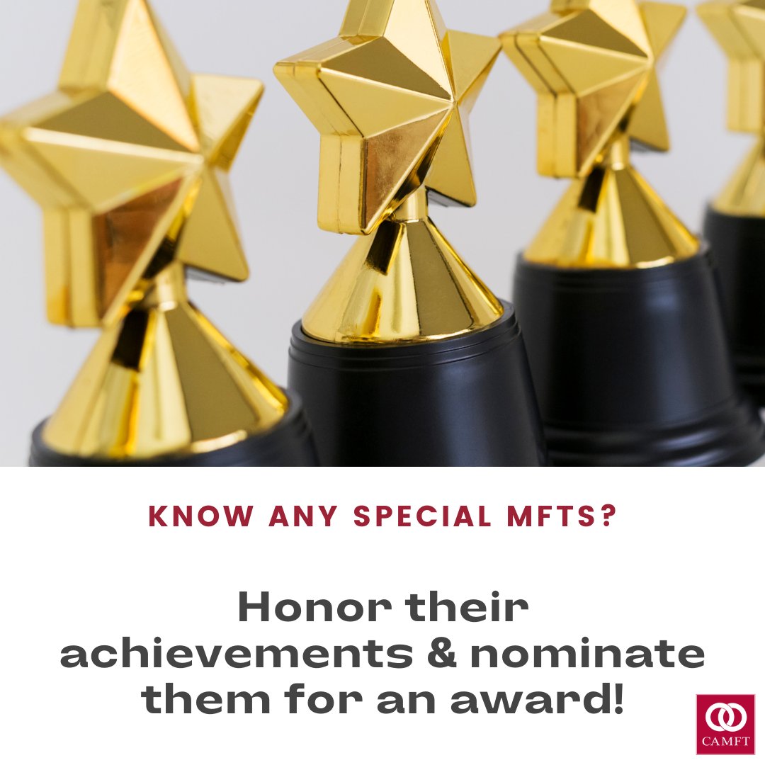 🏆 CAMFT Award Nominations Now Open! 🏆
We’re excited to celebrate the achievements of our industry trailblazers! 🌟 
Know a colleague, school, or agency that has gone above and beyond to elevate our profession?  ✨ Nominate them for an award by Nov 8 🗓️

camft.org/honors