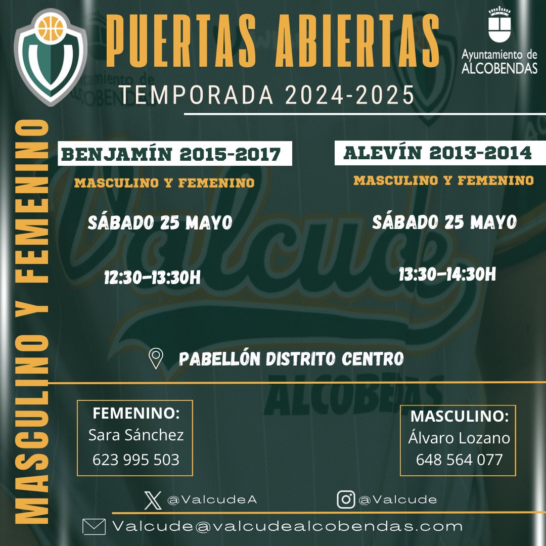 𝗝𝗢𝗥𝗡𝗔𝗗𝗔 𝗣𝗨𝗘𝗥𝗧𝗔𝗦 𝗔𝗕𝗜𝗘𝗥𝗧𝗔𝗦

¡VALCUDE ERES TÚ, TE ESPERAMOS!

🗓️ SÁBADO 25 MAYO

𝐁𝐄𝐍𝐉𝐀𝐌𝐈́𝐍 𝟐𝟎𝟏𝟓-𝟐𝟎𝟐𝟏𝟕

 🕒 12:30-13:30H 

𝐀𝐋𝐄𝐕𝐈́𝐍 𝟐𝟎𝟏𝟑-𝟐𝟎𝟏𝟒

 🕒 13:30-14:30H 

📍PABELLÓN DISTRITO CENTRO

#FamiliaValcudeAlcobendas💚
