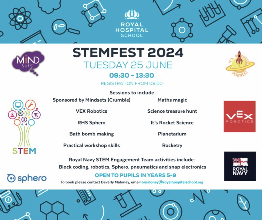 Come and join us for a free morning of #stem @RHSSuffolk in June where STEM is being brought alive in our annual showcase #STEMFEST24. If you are a school and are interested in attending with pupils in years 5-9, please do get in touch @maths_rhs @DT_RHS @RHS_CompSci @RHS_Science