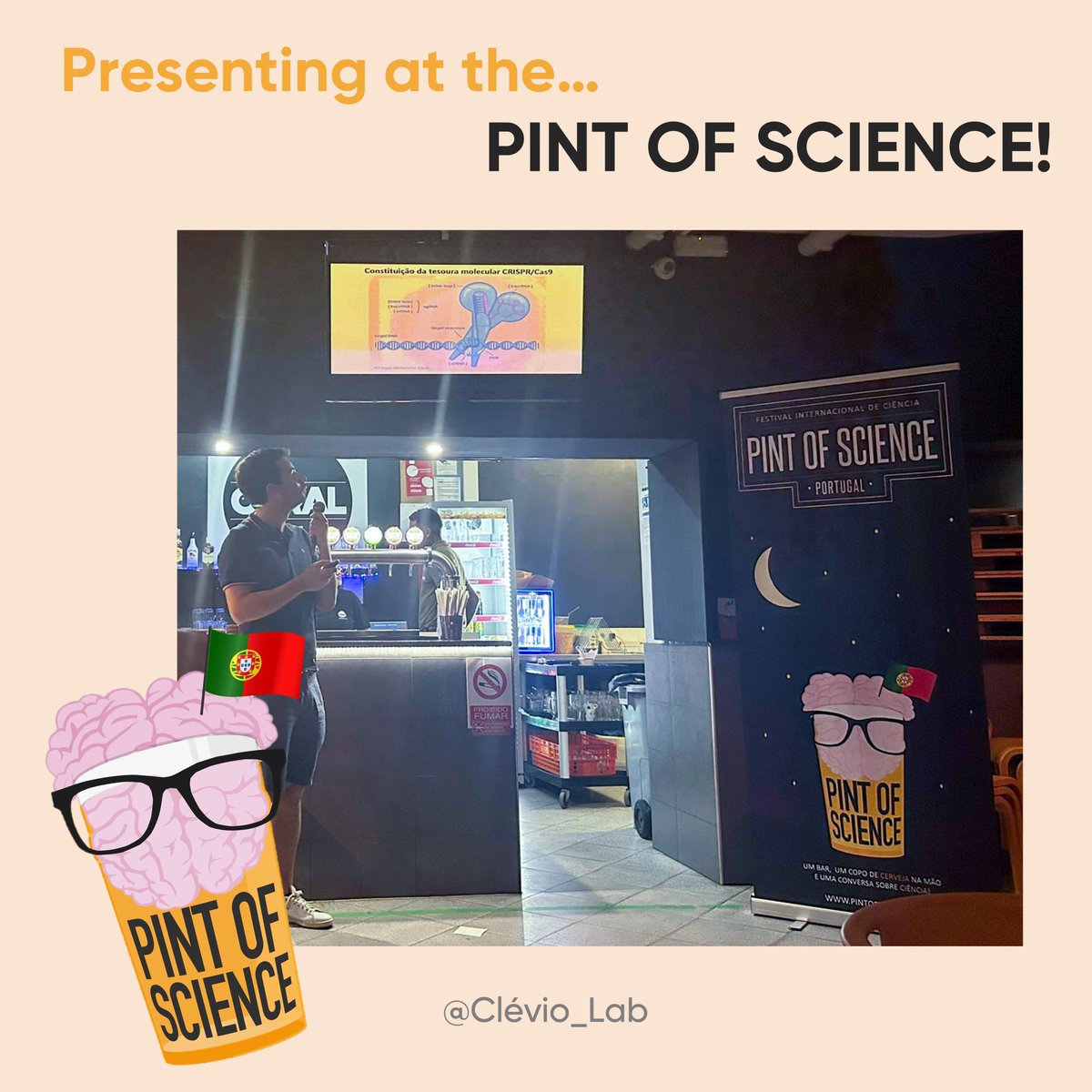 🍻🔬 Ricardo had the honor of presenting at @pintofsciencePT giving an exciting talk on CRISPR, a genetic engineering tool that we use in the lab. 🧬✨
Thanks for the opportunity! 🙌
#PintOfScience #CRISPR #GeneticEngineering #ScienceInThePub #PublicScience  #ScienceFestival