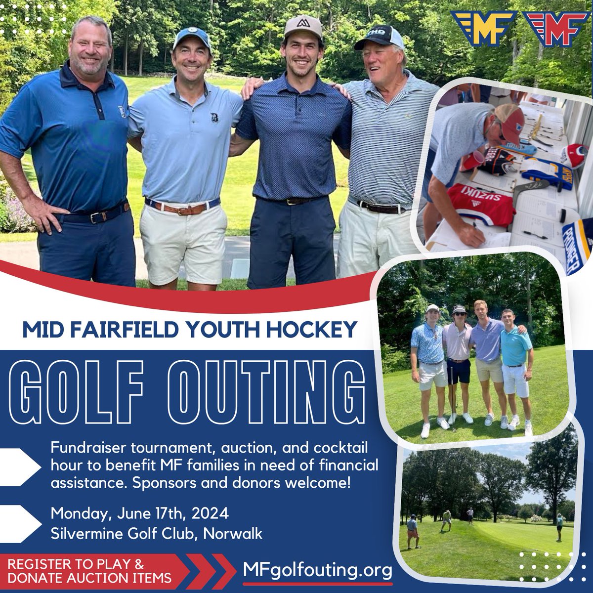 The 2nd Annual Mid Fairfield Hockey Golf Outing is coming up! Go to MFgolfouting.org to register as a single player or foursome, donate, or sponsor a hole. Email Alicia 📧 MFGolf2023@gmail.com if you wish to contribute auction items