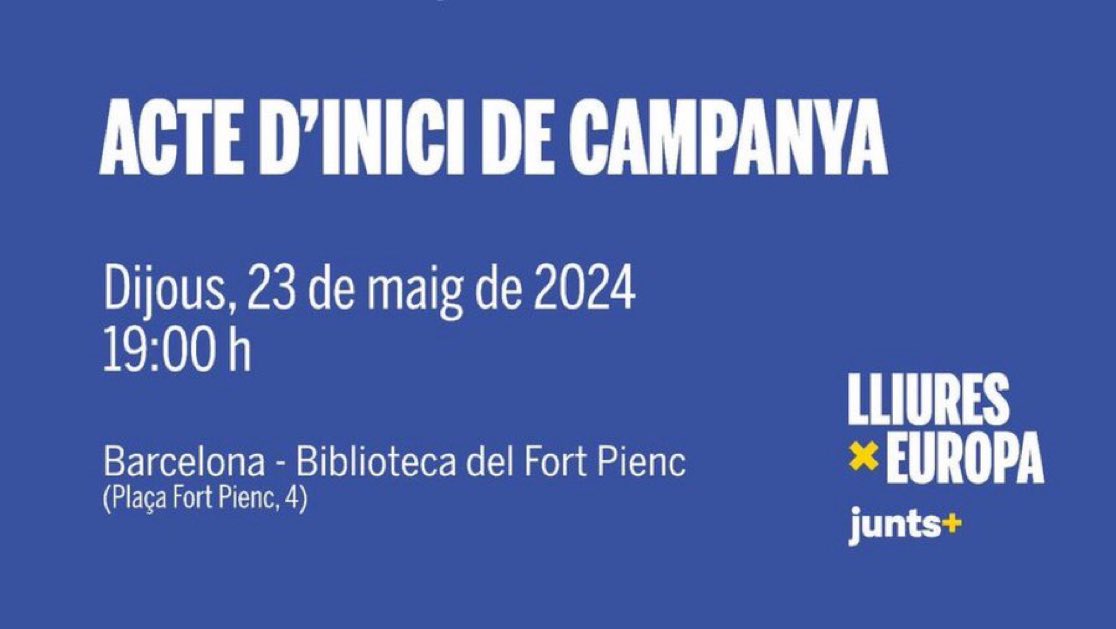 Aquest dijous a les 19:00h a la plaça Fort Pienc de Barcelona, comencem la campanya per les eleccions europees de @JuntsEU. Tots i totes benvingudes!