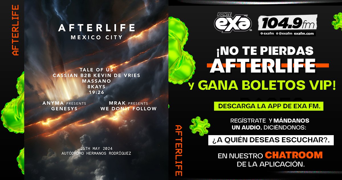 ExaFM's tweet photo. ¡No te pierdas #Afterlife y gana pases VIP! 🤩
Descarga la app de Exa FM, regístrate 📲 y mándanos un audio, diciéndonos: ¿A quién deseas escuchar?, en nuestro chatroom de la aplicación. 🤭
SOLO MANDAR UN AUDIO POR USUARIO Y UNA SOLA VEZ 😉
https://t.co/fhj9FytDLA https://t.co/X2EXBnjElt
