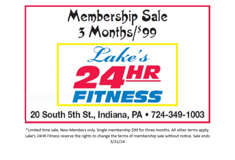 Limited time sale at Lake’s 24HR Fitness. New members only. Single membership $99 for three months. Sale ends 5/31/24. #Membershipsale #IndianaPA #IUP #Gym #Fitness #Healthclub #FitnessCenter #BestGym #BestGyminIndiana #jointoday #Limitedtime #NumberoneGym #Weightlose #jointoday