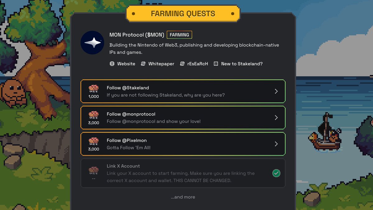 MON PROTOCOL UPDATE 👩‍🌾

If you are farming Mon Protocol, you can get more points by participating in MEME stakeland quests.

You need to have $MEME staked to participate.

Go to: stakeland.com/farm/mon-proto…
Connect wallet
Complete quests

💡 More quests will be added.