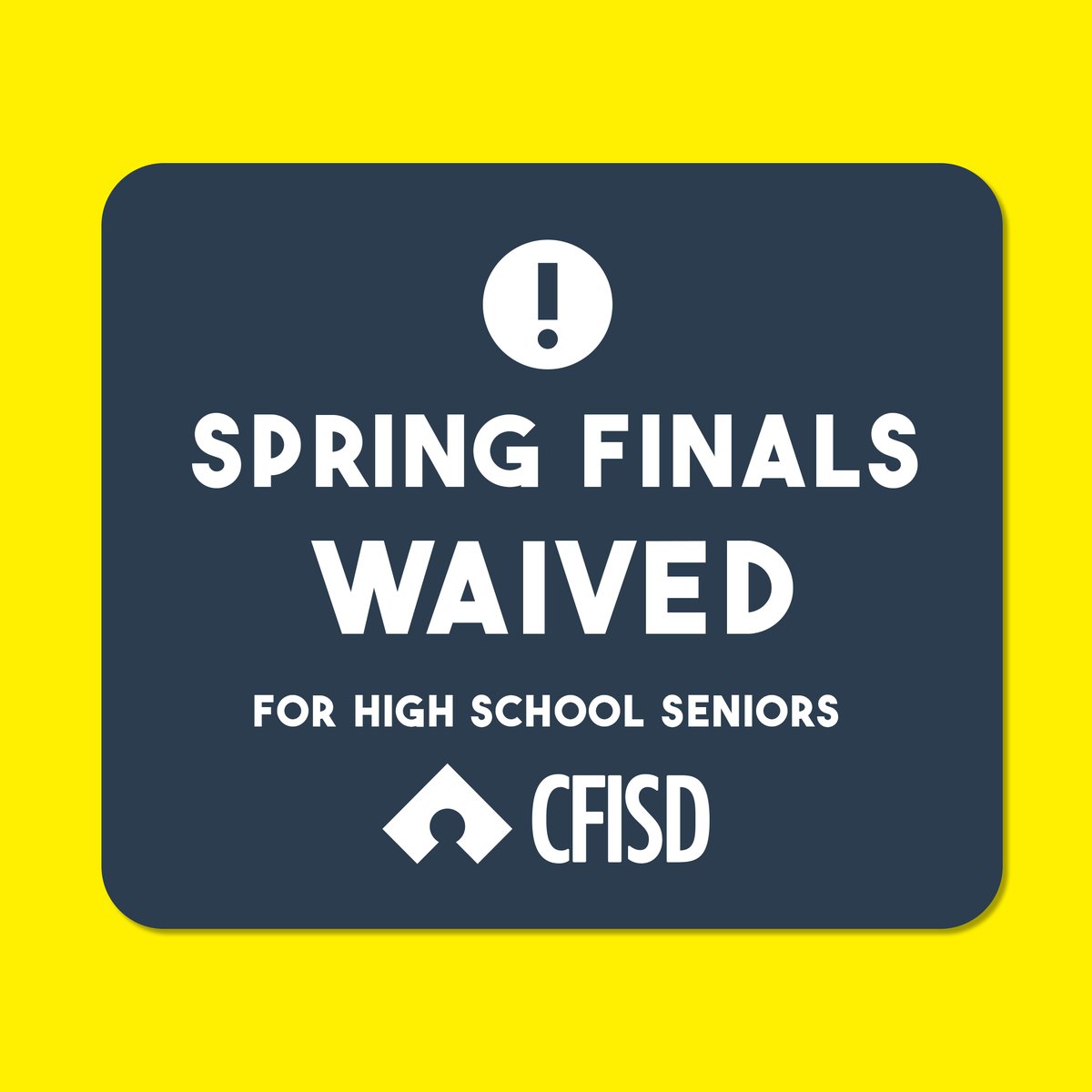 Due to the recent storm and widespread power outages our community has experienced, spring 2024 final exams for seniors will be waived. Any senior needing to take the final exam to improve his/her overall average may contact the director of instruction on their campus. Exams for