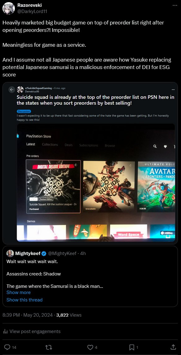 Note to self, QRTing idiots(Who pay for Twitter so they are boosted) with thousands of followers is a waste of time. Even if I'm showing how preorders don't mean shit(Especially for live-service crap like AC), they will shill for Ubislop like mindless drones they are...